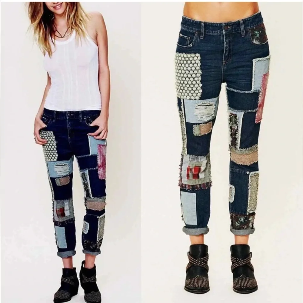 FREE PEOPLE Patched patchwork slim slouch jeans size 30 - Picture 1 of 8